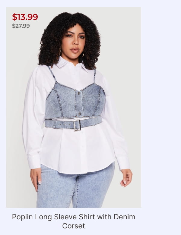 Shop Plus Size Poplin Long Sleeve Shirt with Denim Corset