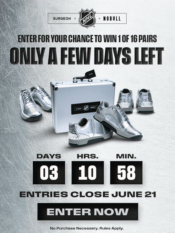 Last chance! Ends June 21 at 11:59pm ET. NHL x Surgeon x NOBULL: built for Cup chasers. 16 pairs, 16 winners. Inspired by the greatest trophy in sports, designed for the ultimate hockey fan. Enter daily for your chance to win a pair. Click here to enter now.