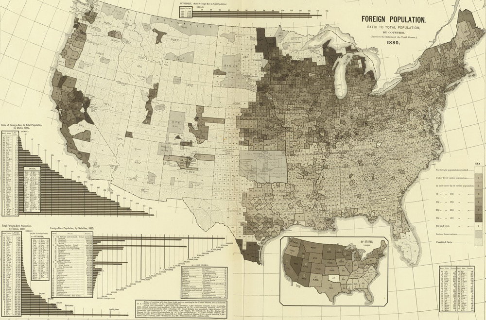 A detailed 1880 map of the United States showing the foreign population ratio to the total population, with darker areas indicating higher foreign population density and various charts providing additional data.