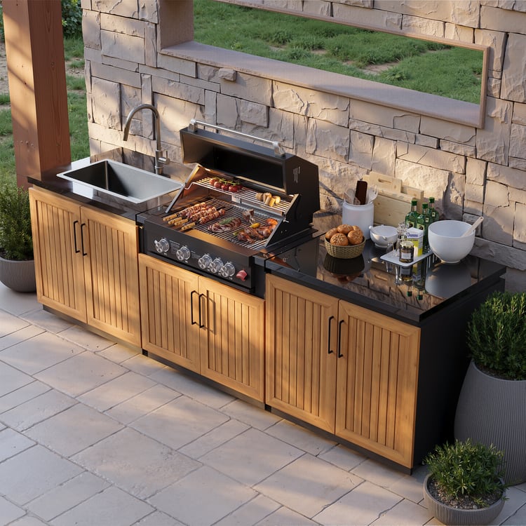 Tevara Outdoor Kitchen Island 3-Piece Set with 48,000 BTU Built-in Grill, Sintered Stone