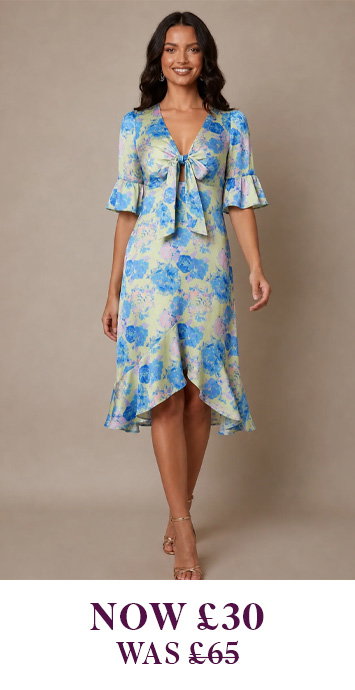 Short Sleeve Tie Front Floral Midi Dress in Yellowc