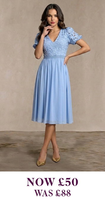 Puff Sleeve Premium Lace Midi Dress in Blue