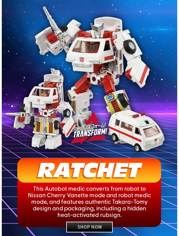 This Autobot medic converts from robot to Nissan Cherry Vanette mode and robot medic mode, and features authentic Takara-Tomy design and packaging, including a hidden heat-activated rubsign.  shop now 