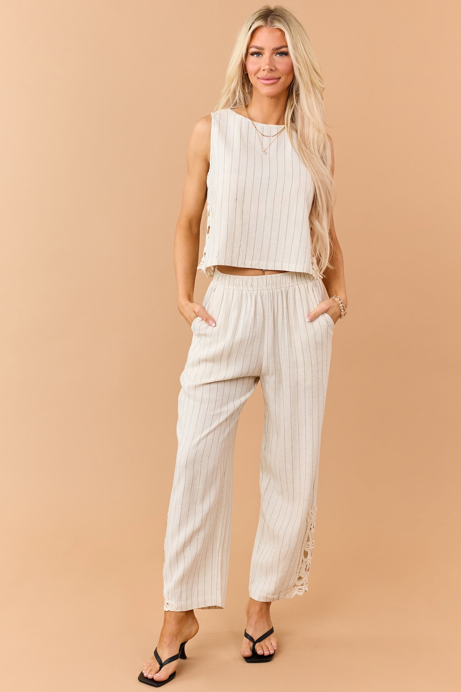 Almond Pinstripe Linen Blend Side Lace Tank Top