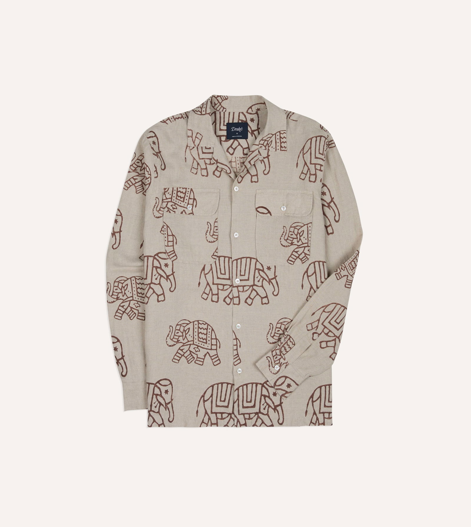 Image of White Elephant Block Print Linen Camp Collar Long Sleeve Shirt