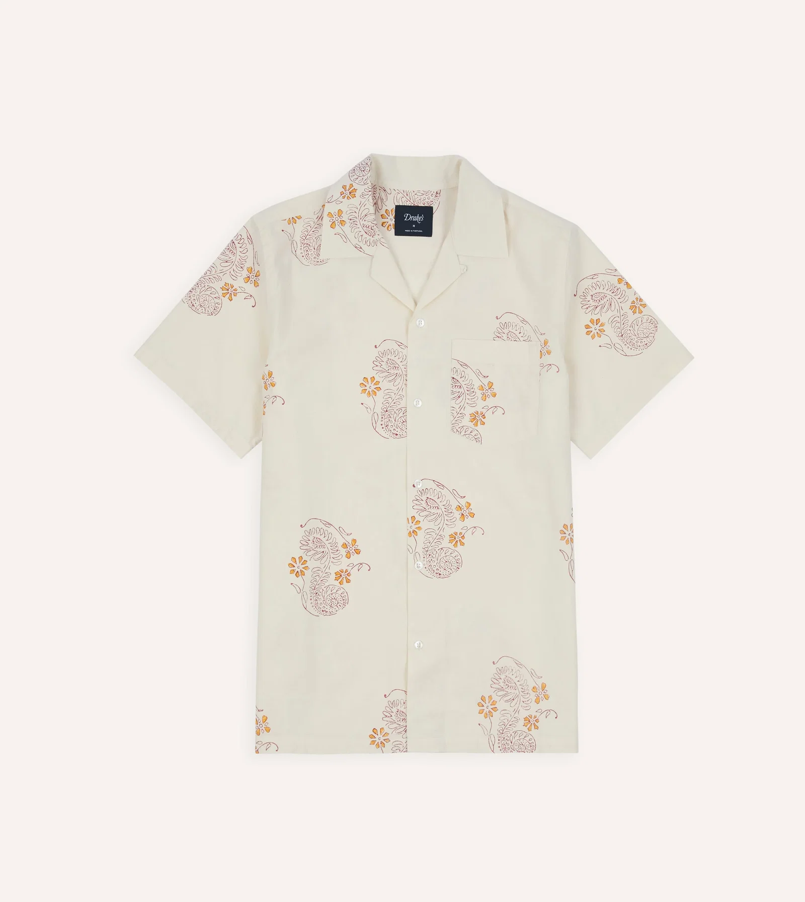 Image of Ecru Floral Block Print Cotton Camp Collar Short Sleeve Shirt