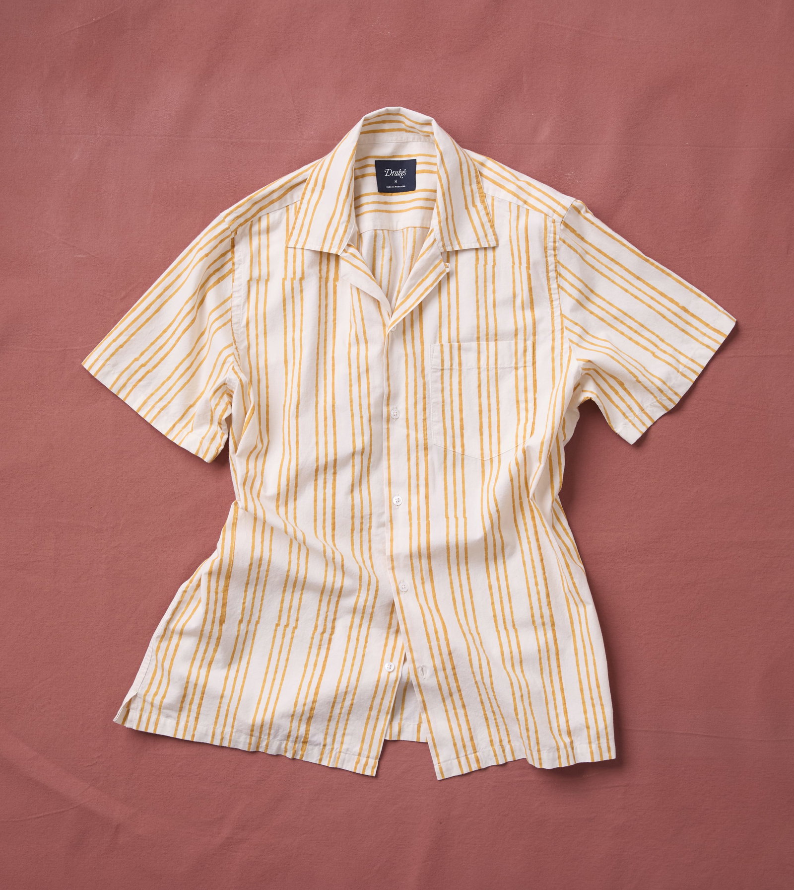 Image of Yellow Triple Stripe Block Print Cotton Camp Collar Short Sleeve Shirt