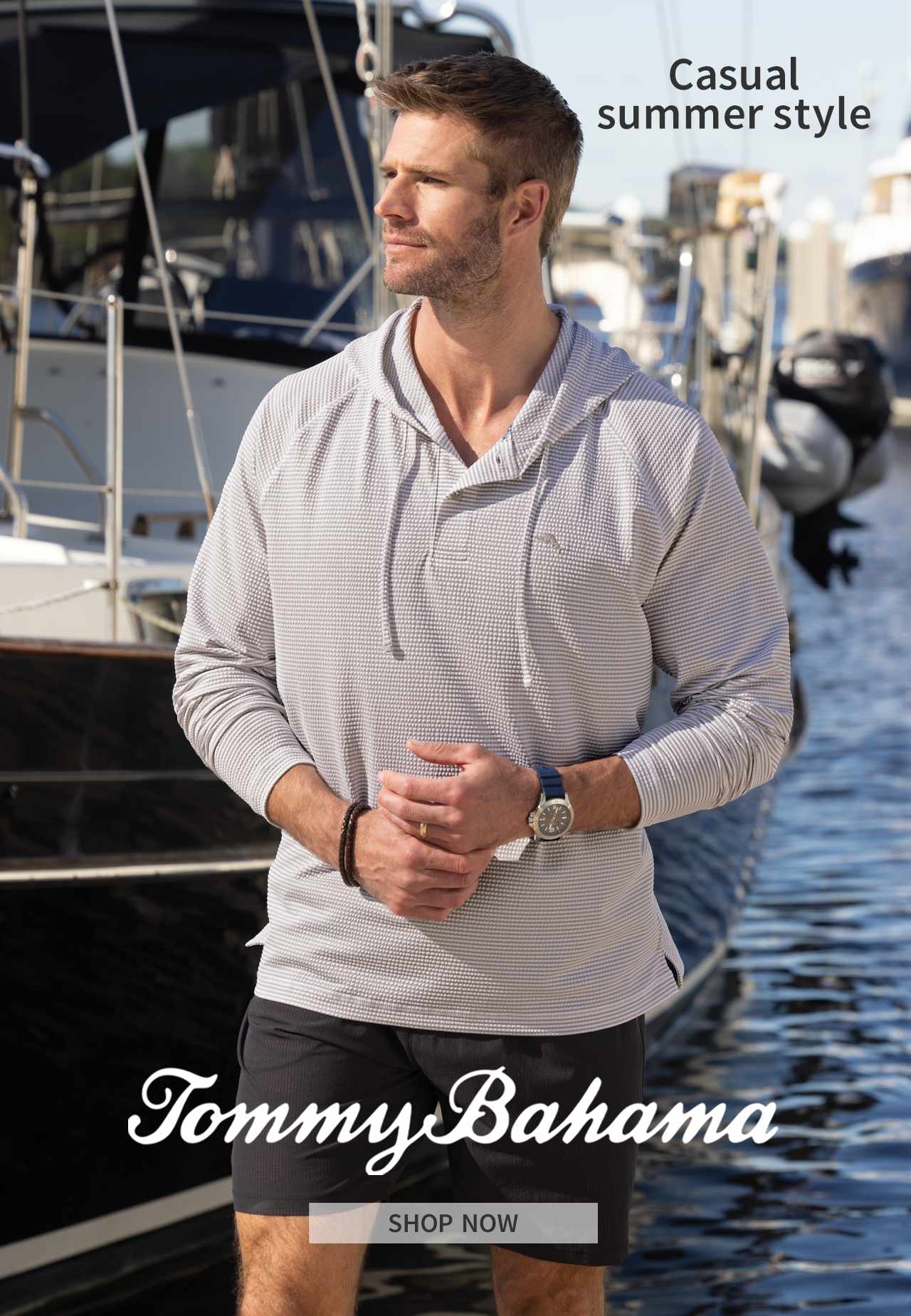 Tommy Bahama coastal lifestyle — resort wear at the marina