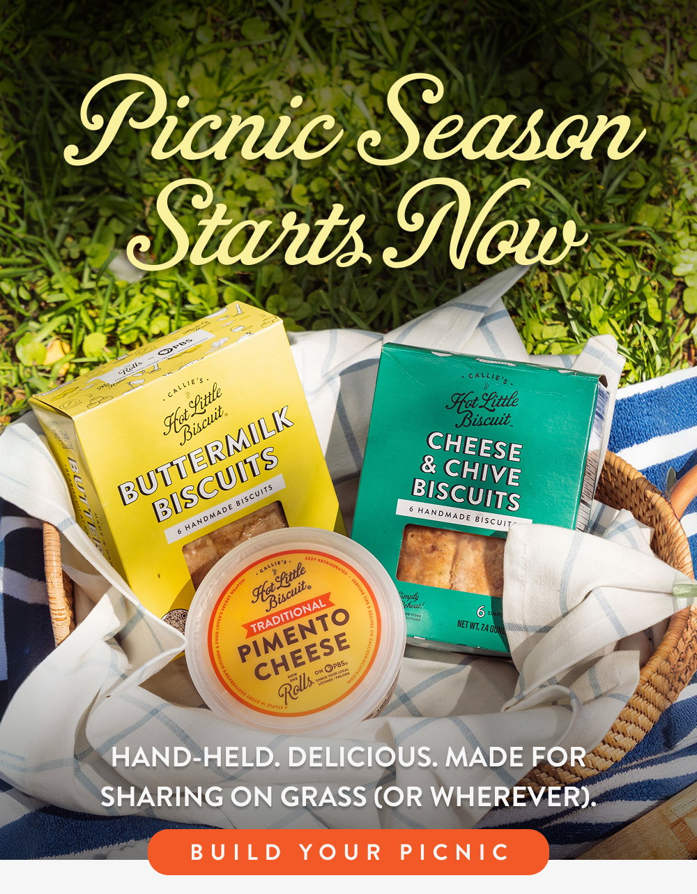 Picnic Season Starts Now. Hand-held. Delicious. Made for sharing on grass (or wherever).