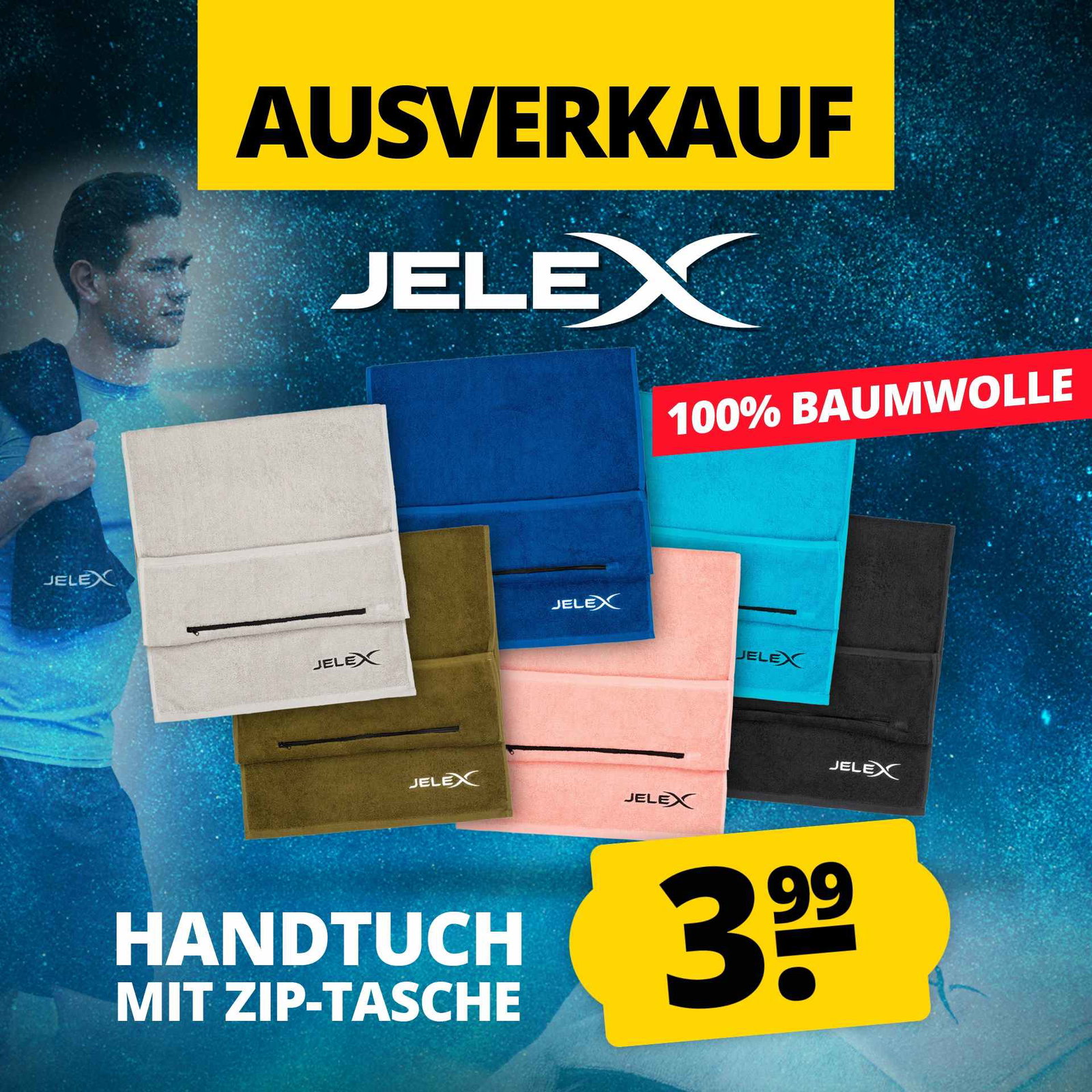 JELEX "100FIT" Fitness Handtuch mit Zip-Tasche schwarz