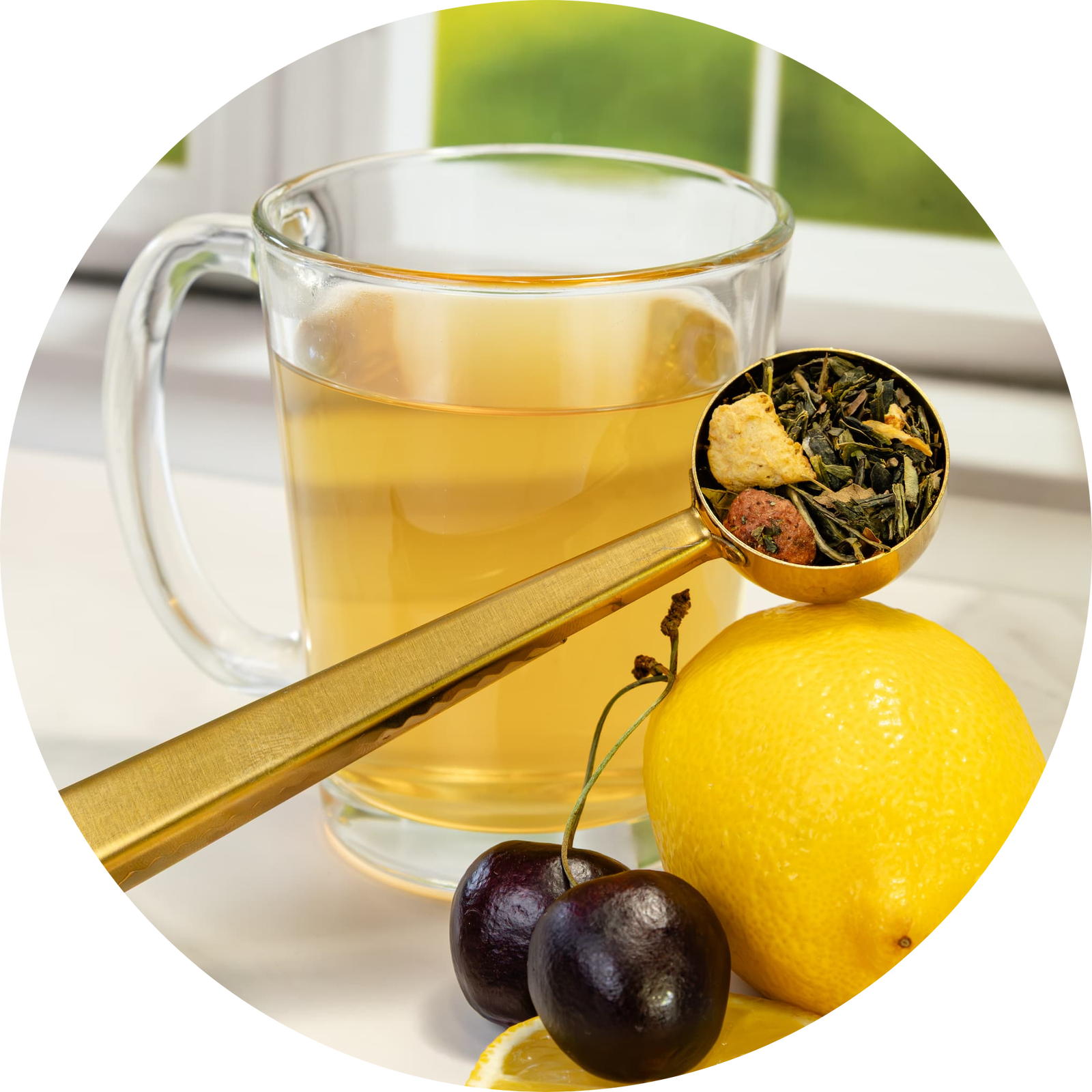 Lemon cherry iced tea with a lemon slice