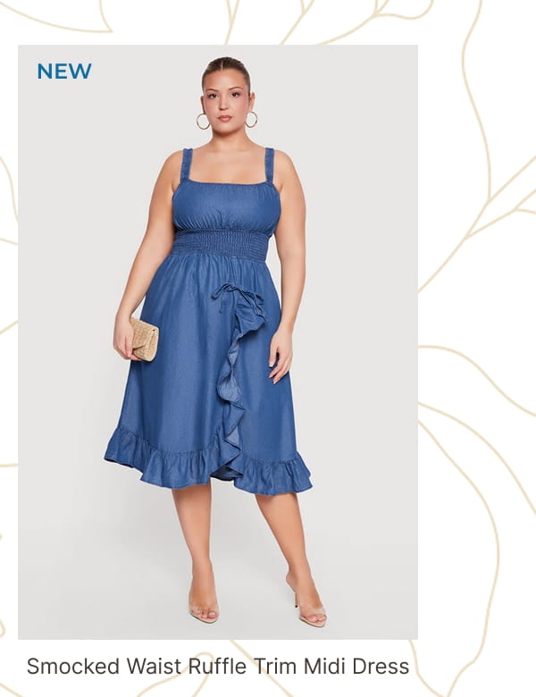 Shop Plus Size Chambray Smocked Waist Ruffle Trim Midi Dress