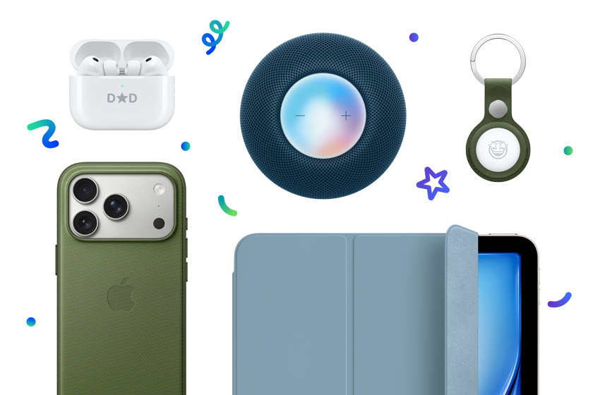 Apple products: AirTag FineWoven Key Ring, moss color, covers the entire outer edge of the AirTag, AirPods Pro 3 wireless headphones, charging case, lid open, iPad Air with Smart Folio, denim color, silver color iPhone 17 Pro TechWoven Case with MagSafe, green color, attached to iPhone 17 Pro, silver color, and HomePod mini, blue color, surrounded by dot, squiggle, star, and spiral shapes in different hues of blue, green, and purple