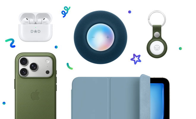 Apple products: AirTag FineWoven Key Ring, moss color, covers the entire outer edge of the AirTag, AirPods Pro 3 wireless headphones, charging case, lid open, iPad Air with Smart Folio, denim color, silver color iPhone 17 Pro TechWoven Case with MagSafe, green color, attached to iPhone 17 Pro, silver color, and HomePod mini, blue color, surrounded by dot, squiggle, star, and spiral shapes in different hues of blue, green, and purple