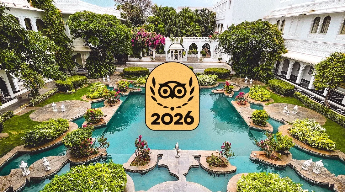 Image description: The gardens and ponds at the Taj Lake Palace