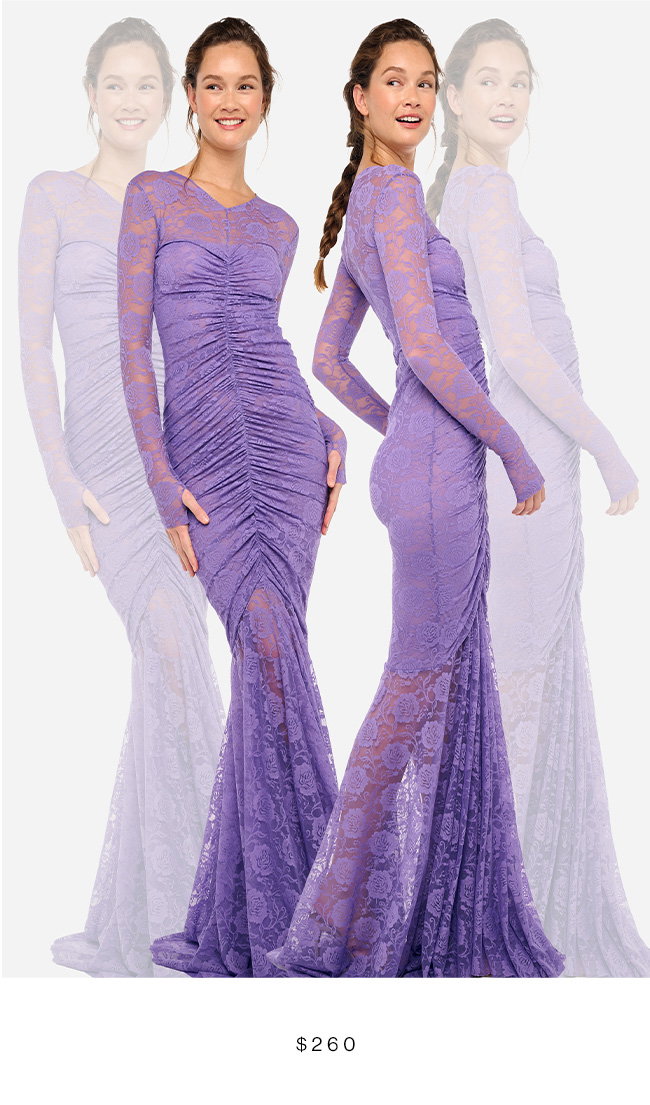 V NECK SHIRRED FRONT FISHTAIL GOWN