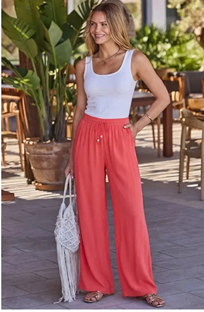 Coral Drawstring Waist Wide Leg Trousers
