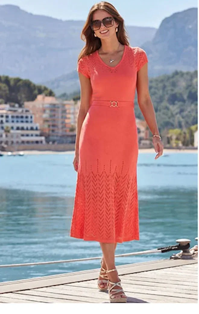 Coral Crochet Fit & Flare Midi Dress