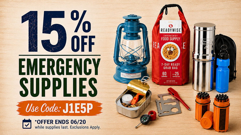 15% off Emergency Supplies Use code: J1E5P