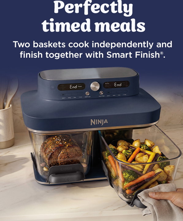 Two baskets cook independently and finish together with Smart Finish.