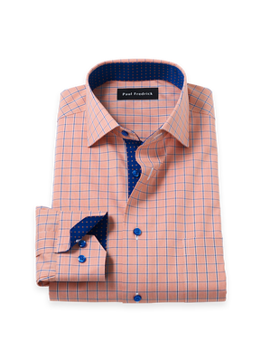 Comfort Stretch Non-Iron Check Dress Shirt With Contrast Trim - Melon/navy-Classic Fit / 17.5 / 35
