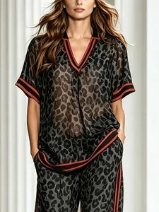 Image of Casual Leopard Printing Shawl Collar Blouse