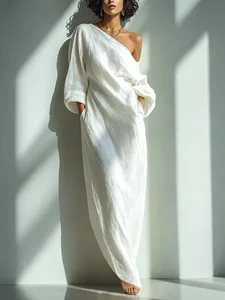 Image of Casual Cotton Linen Maxi Dress Asymmetrical H-Line