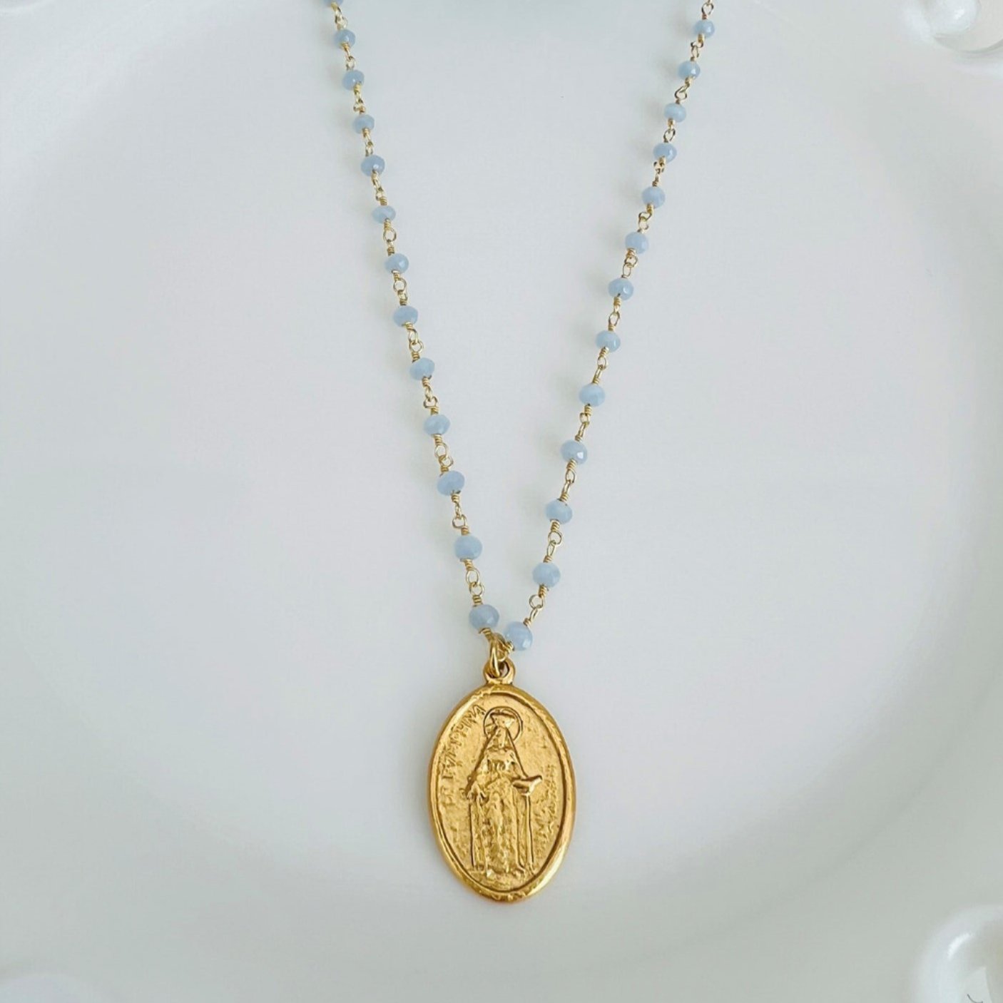 Blue Chalcedony Beaded St. Dymphna Necklace