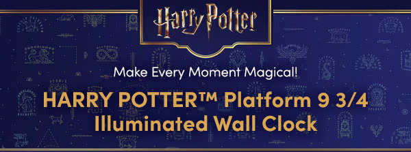 NEW! Make every moment magical with the HARRY POTTER(TM) Platform 9 3/4 Illuminated Wall Clock, available only from The Bradford Exchange. Officially licensed. Lights up! Vintage-style analog clock features a 2-sided design, with a fully sculpted, hand-painted HEDWIG(TM) figure, wrought metal bracket and hanging hardware. Not available in stores. Shop Now!