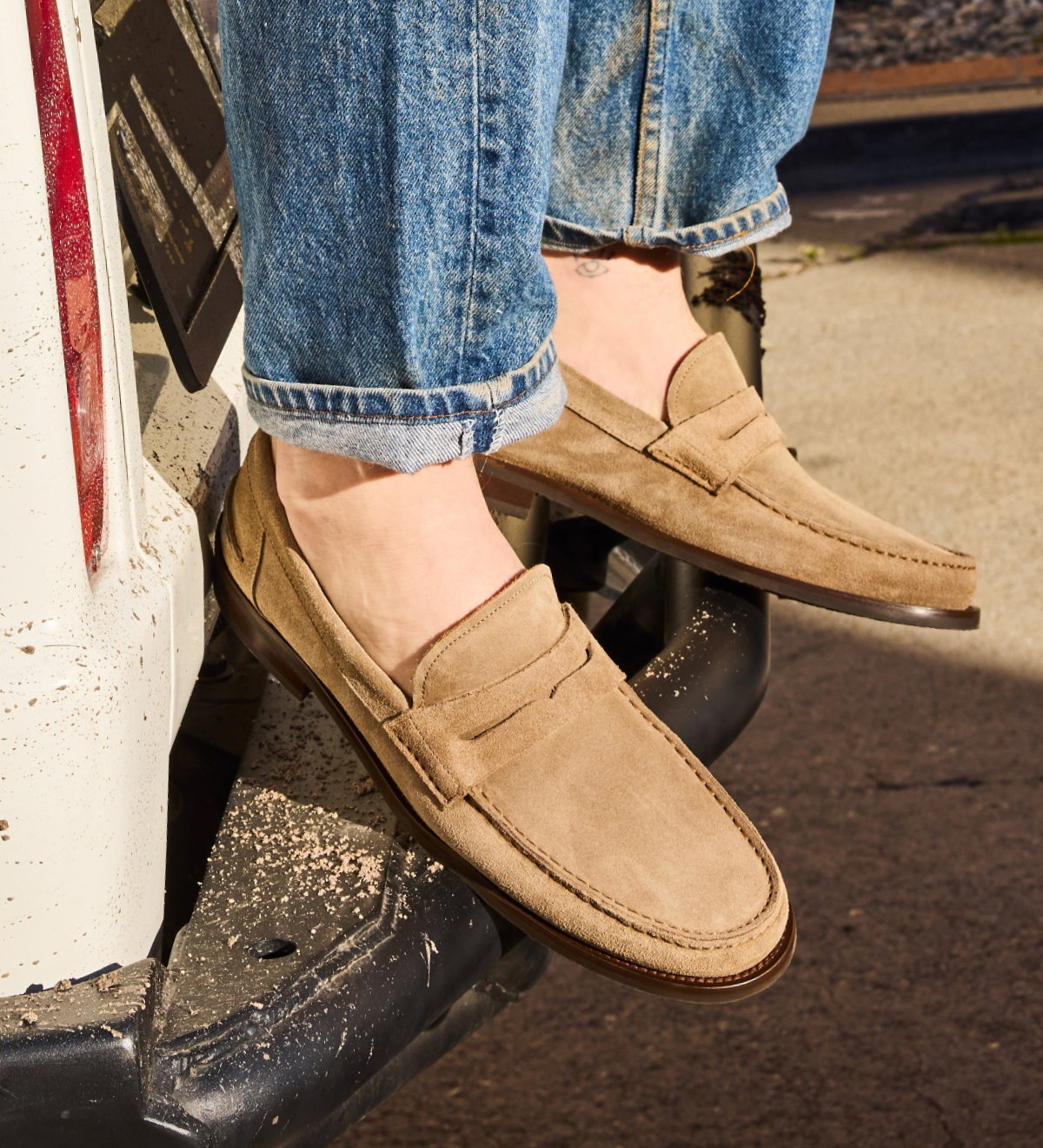 Close Up Image Of The Sorrento Loafer In Tobacco Suede. Click Here To Shop Now.