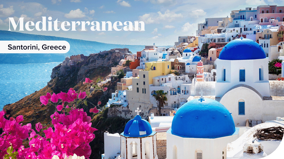 The blue domes of Santorini, Greece.
