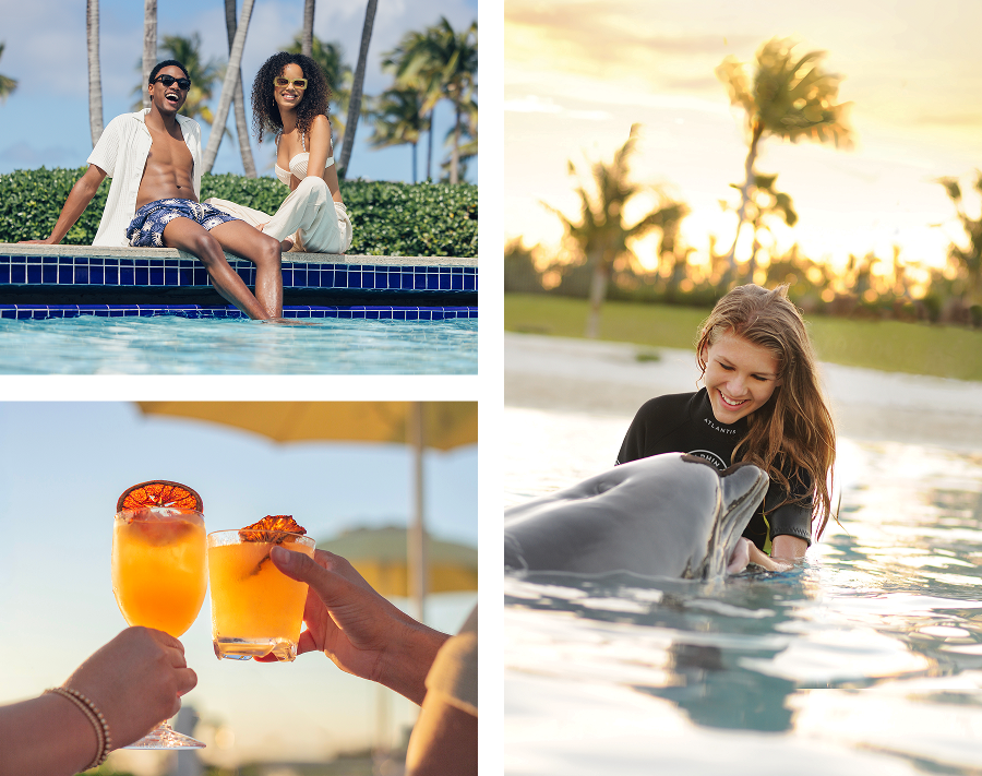 A couple by a pool, tropical cocktails, and a woman swimming with a dolphin.