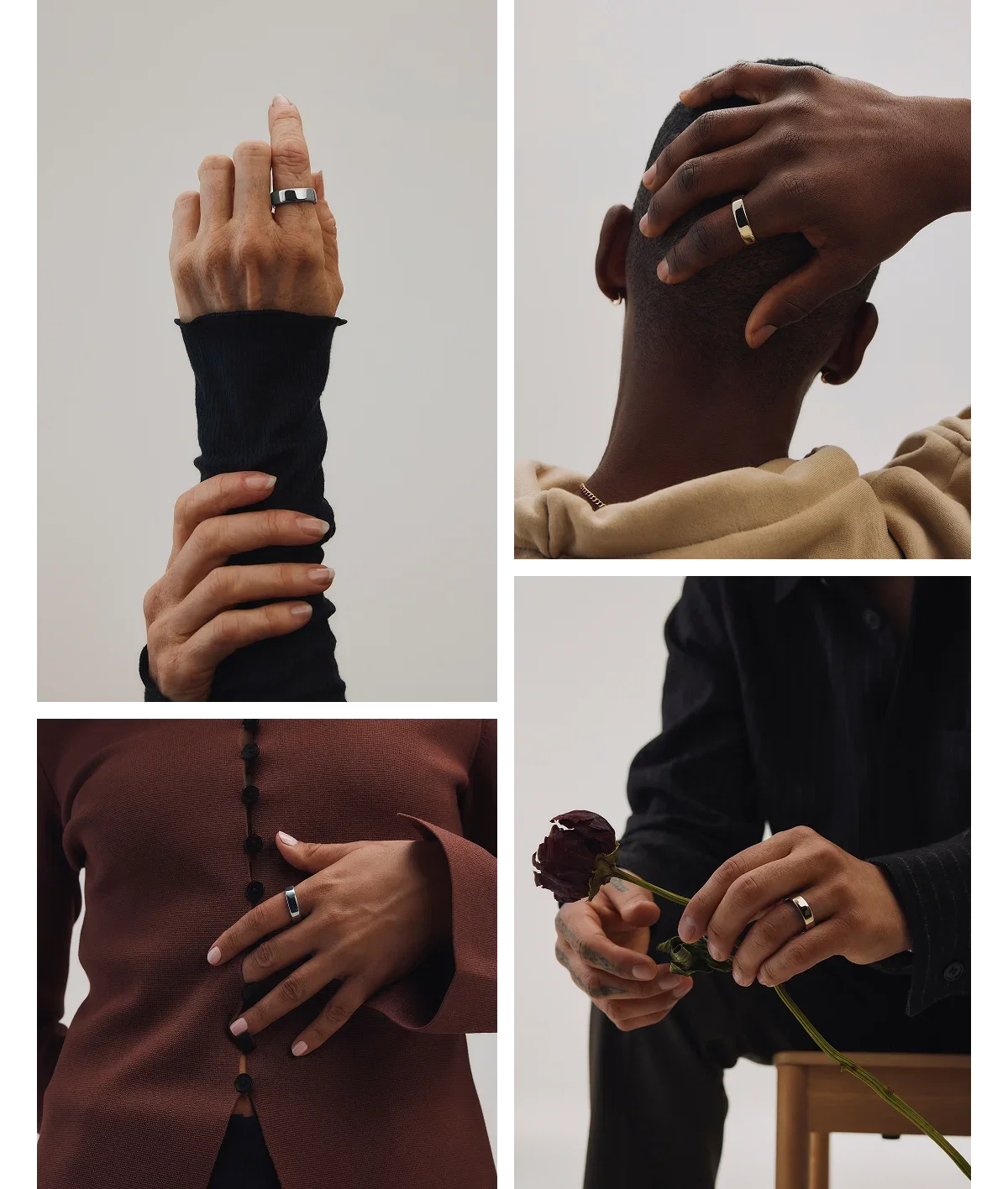 Collage with different Oura Ring 5 finishes on different skin tones
