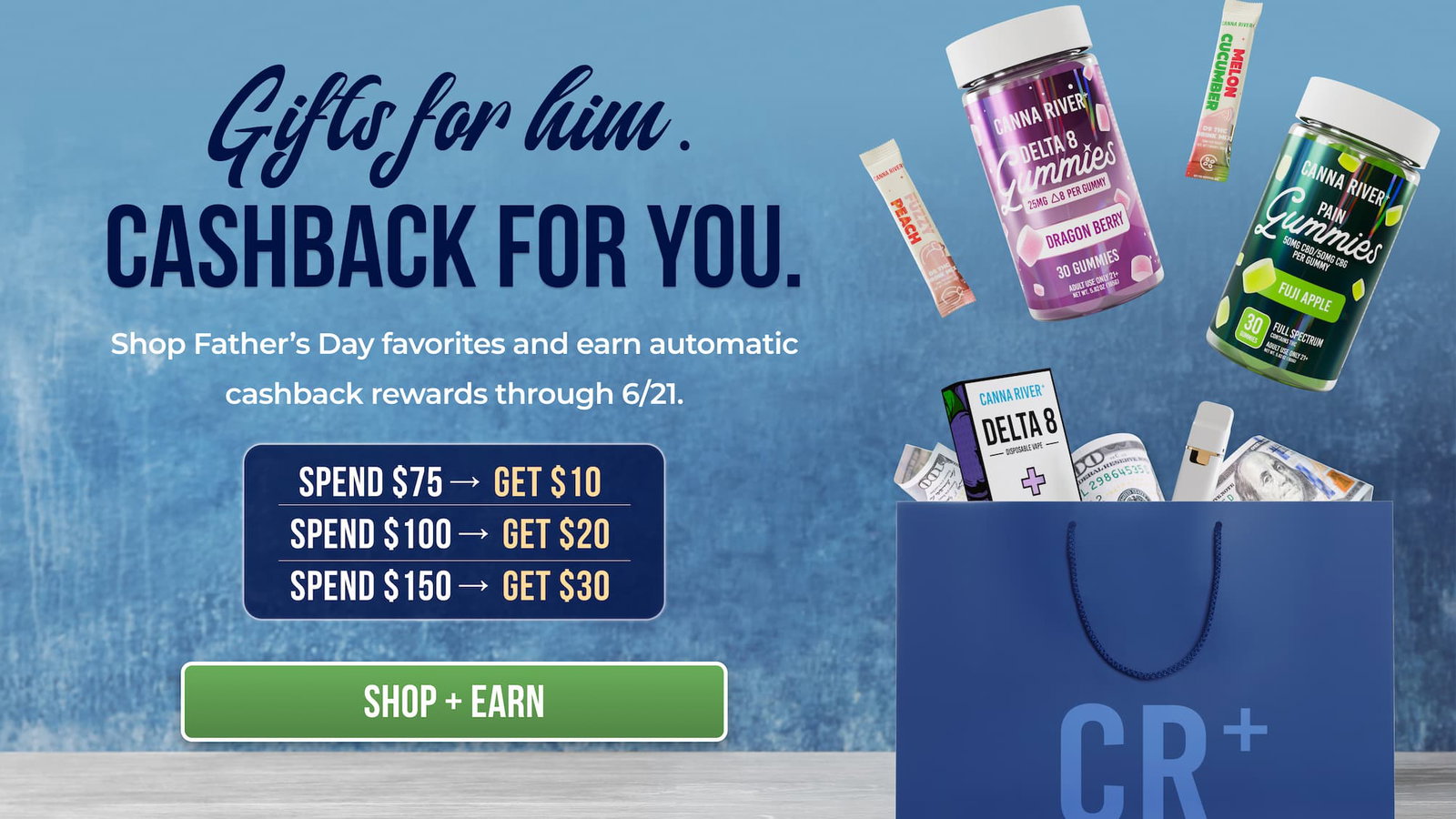  Cashback For You. Gifts for him. Shop Father’s Day favorites and earn automatic cashback rewards through 6/21. Spend $75→ Get $10  Spend $100→ Get $20  Spend $150→ Get $30  Shop + Earn Father’s Day Cashback is valid from 6/12 through 6/21 at 11:59 PM PST. Cashback reward is based on product subtotal before shipping, taxes, and package protection. Spend $75+ to receive $10 back, spend $100+ to receive $20 back, or spend $150+ to receive $30 back. No code required. Cashback reward will be issued automatically. Terms apply.