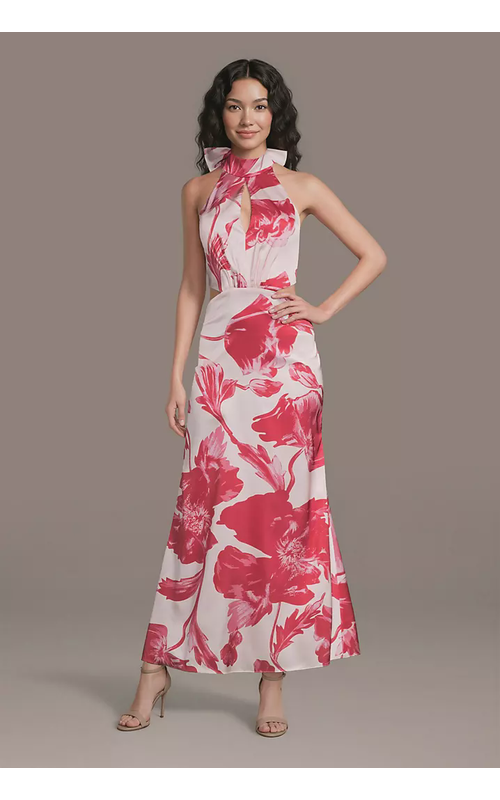 Matte Satin Print Halter Dress with Cutouts