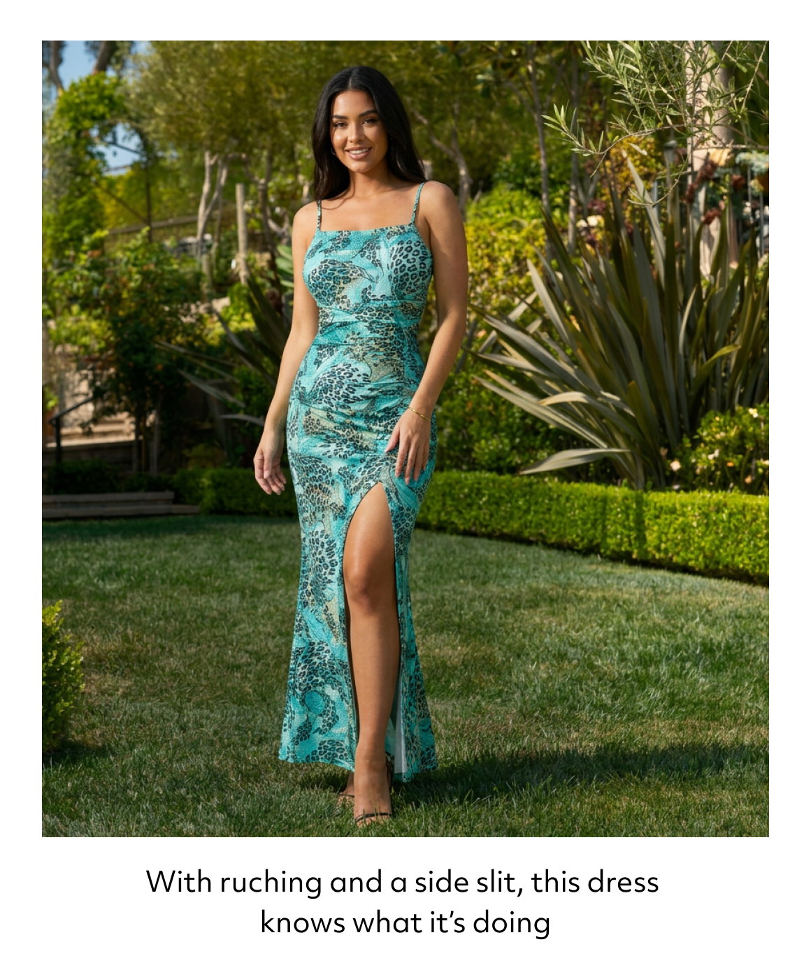 With ruching and a side slit, this dress  knows what it’s doing