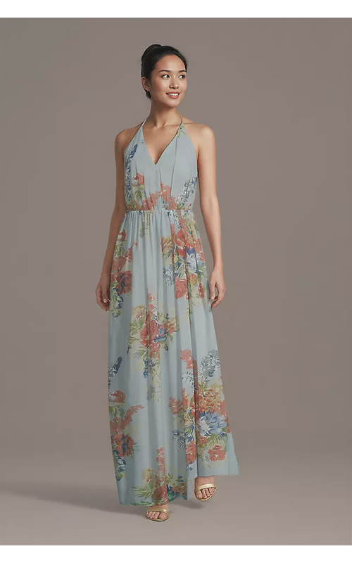 Floral Chiffon Plunge A-Line Dress