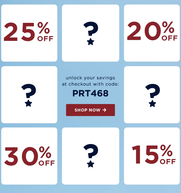 15%, 20%, 25%, or 30% off your entire purchase. Unlock your savings at checkout / shop now