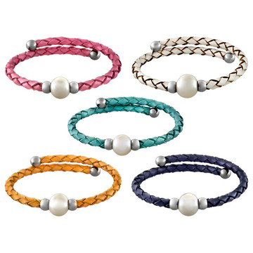 Cultured Freshwater Pearl Imitation Leather Silver Tone Bangle Set