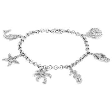 White Cubic Zirconia Rhodium Plated Nautical Charm Bracelet 2.25ctw