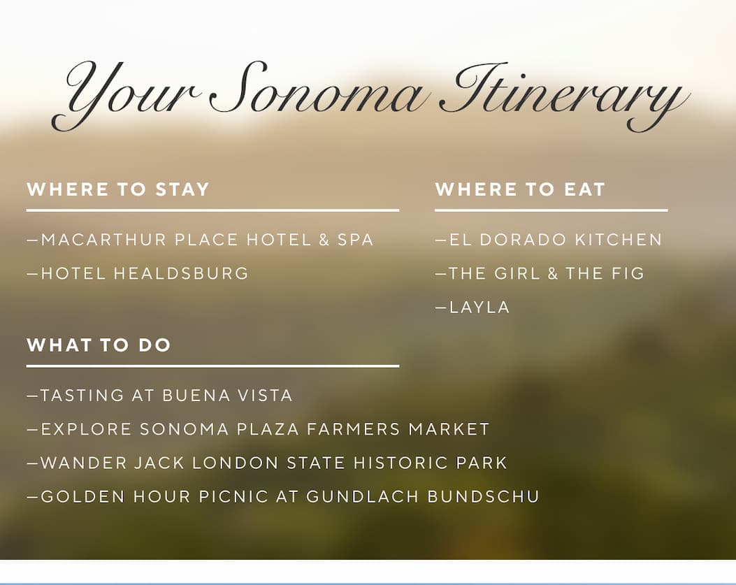 Where to Stay: MacArthur Place Hotel & Spa Hotel Healdsburg   Where to Eat: Abbott's Passage SingleThread The Lark   What to Do: Tasting at Buena Vista  Explore Sonoma Plaza farmers market Wander the Funk Zone Urban Wine Golden hour picnic at Gundlach Bundschu