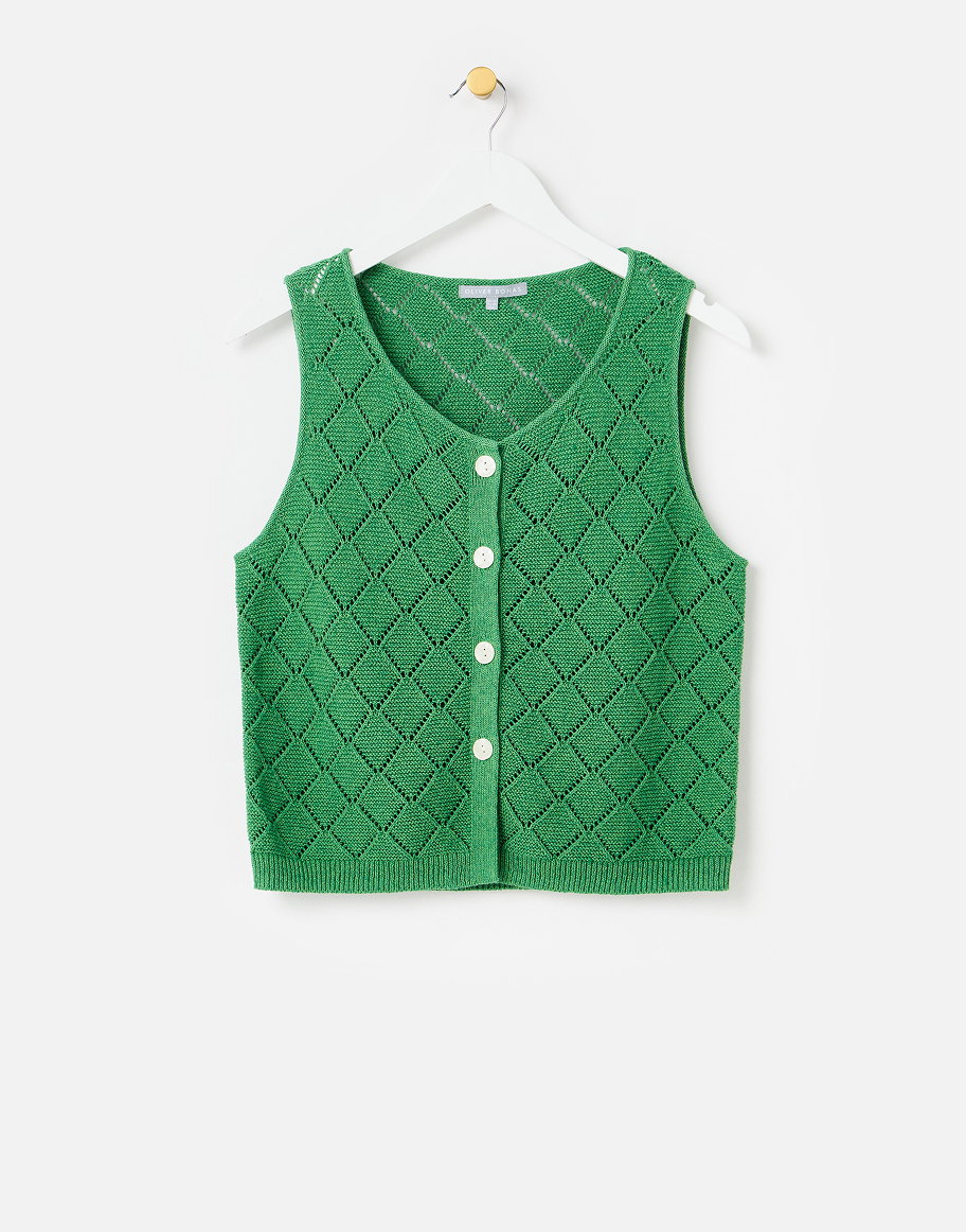 Green Diamond Stitch Button Up Knitted Vest