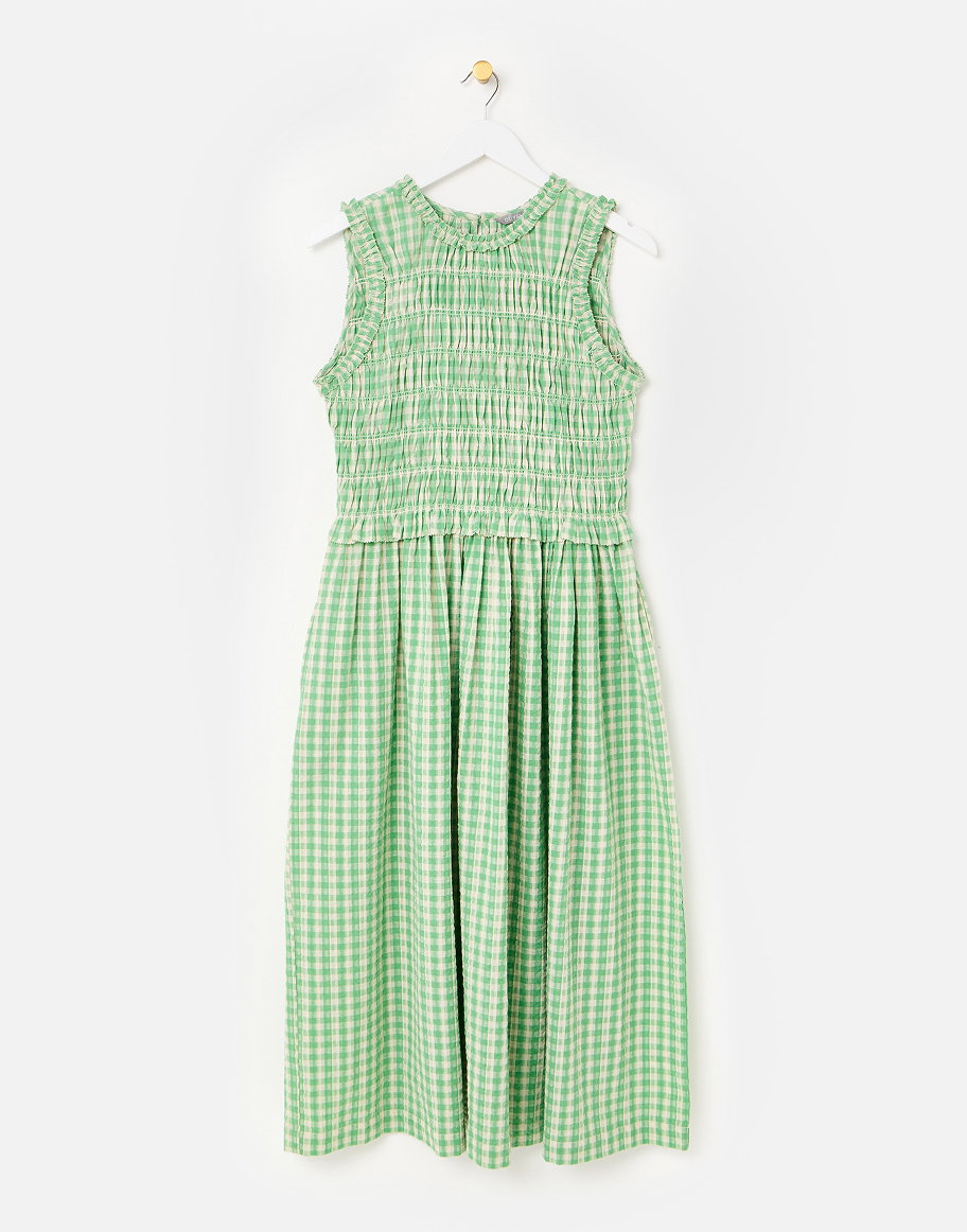 Green Gingham Shirred Bodice Sleeveless Midi Dress
