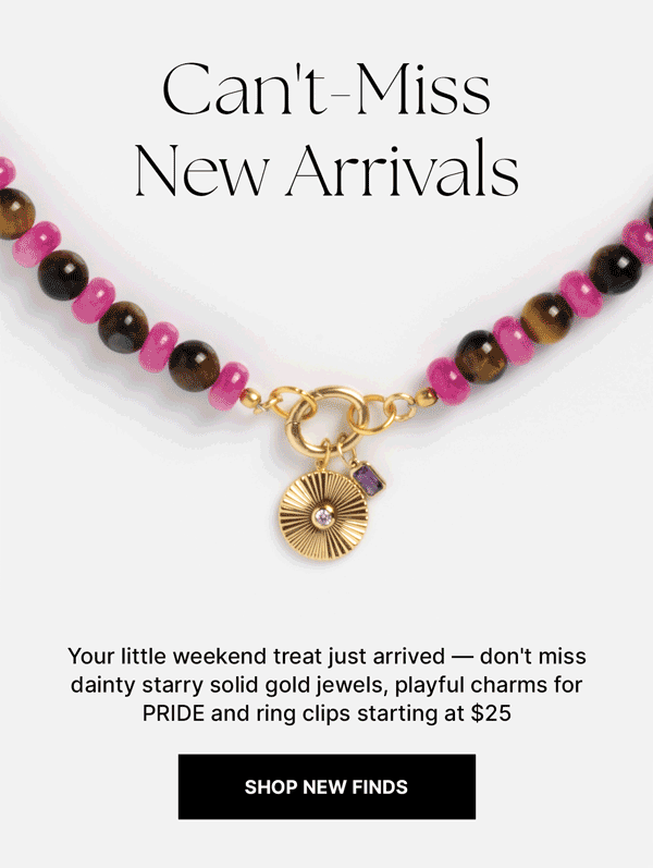 New Jewelry Finds from Local Eclectic.  rotating GIF image featuring new jewelry such as Pride charms and necklaces, 14k gold plated ring clips, stacking rings, beaded gemstone charm holder necklaces and more!