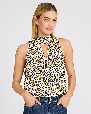 Leopard Cowl Neck Scarf Draped Top