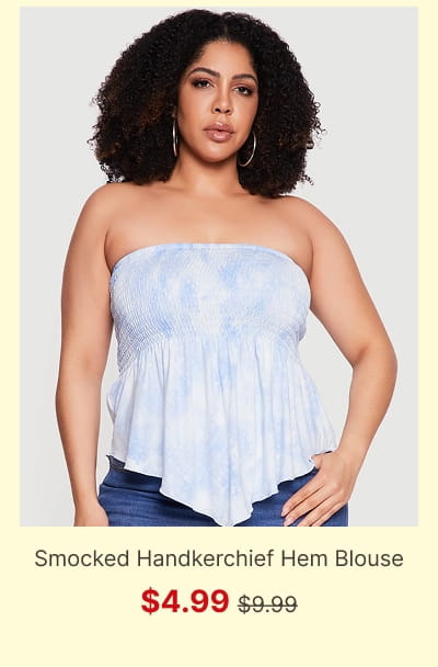 Shop Plus Size Patterned Smocked Handkerchief Hem Blouse