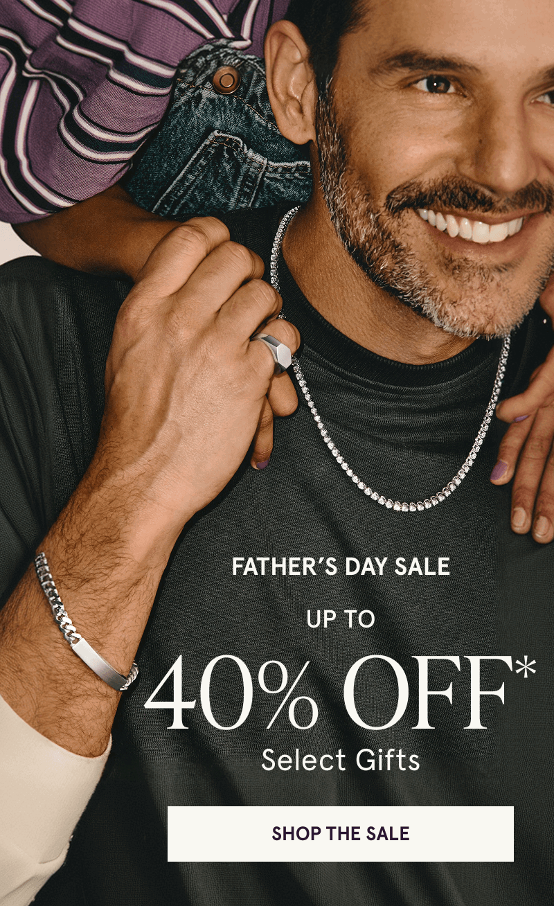 Male with tennis chain, geometric ring & ID bracelet. Father’s Day Sale. Up to 40% OFF Select Gifts. Click here to shop now
