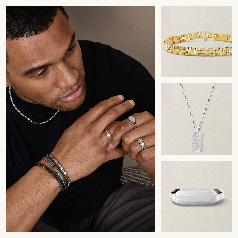 Lifestyle of male wearing jewelry alongside product shots of gold link bracelet, silver dog-tag chain & brushed-silver signet ring.
