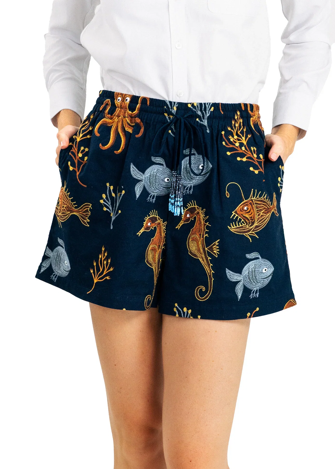 Image of The Deep Blue Sea Embroidered Shorts in Navy