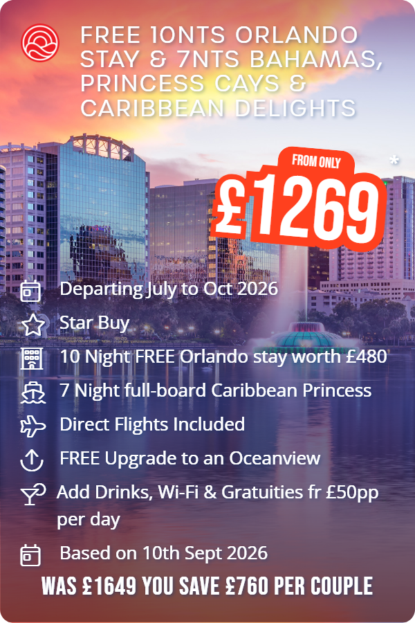 Free 10nts Orlando Stay & 7nts Bahamas, Princess Cays & Caribbean Delights – Smart Holiday promotional image. From £1,269 Includes: Departing July to Oct 2026, Star Buy, 10 Night FREE Orlando stay worth £480, 7 Night full-board Caribbean Princess, Direct Flights Included, FREE Upgrade to an Oceanview, Add Drinks, Wi-Fi & Gratuities fr £50pp per day, Based on 10th Sept 2026. WAS £1649 YOU SAVE £760 PER COUPLE